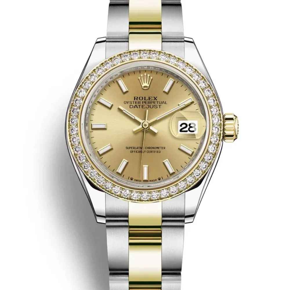 Rolex Lady-Datejust 28mm - Ref: 279383rbr-0002 - Champagne Stick Dial & Diamond Bezel, Two Tone Stainless Steel & 18K Yellow Gold Oyster Bracelet Women's Watch