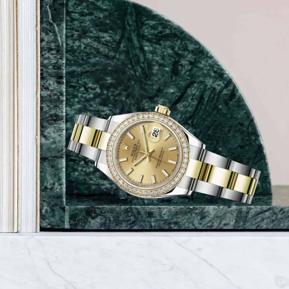 Rolex Lady-Datejust 28mm - Ref: 279383rbr-0002 - Champagne Stick Dial & Diamond Bezel, Two Tone Stainless Steel & 18K Yellow Gold Oyster Bracelet Women's Watch