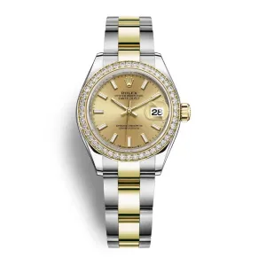 Rolex Lady-Datejust 28mm - Ref: 279383rbr-0002 - Champagne Stick Dial & Diamond Bezel, Two Tone Stainless Steel & 18K Yellow Gold Oyster Bracelet Women's Watch