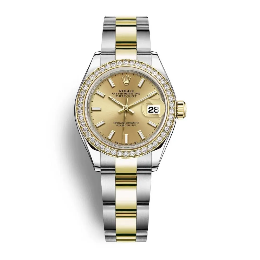 Rolex Lady-Datejust 28mm - Ref: 279383rbr-0002 - Champagne Stick Dial & Diamond Bezel, Two Tone Stainless Steel & 18K Yellow Gold Oyster Bracelet Women's Watch