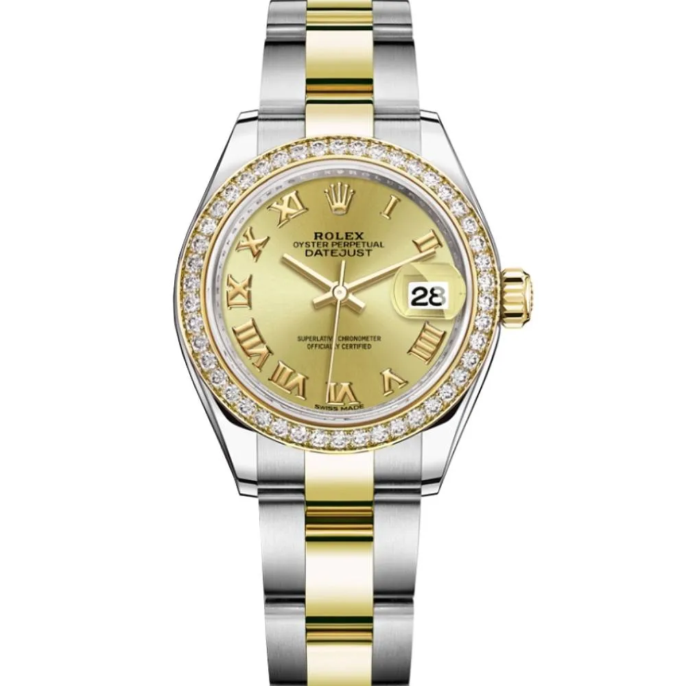 Rolex Lady-Datejust 28mm - Ref: 279383rbr-0010 - Champagne Roman Dial & Diamond Bezel, Two Tone Stainless Steel & 18K Yellow Gold Oyster Bracelet Women's Watch