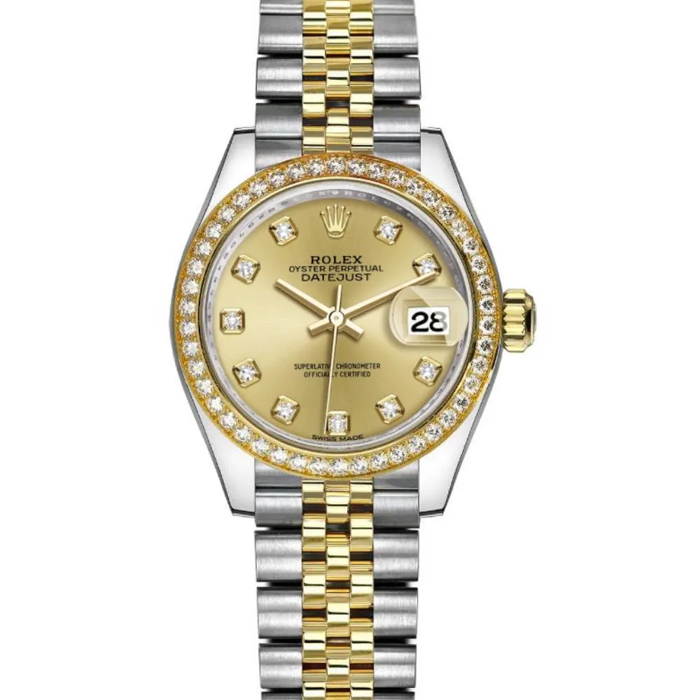 Rolex Lady-Datejust 28mm - Ref: 279383rbr-0011 - Champagne Diamond Dial & Diamond Bezel, Two Tone Stainless Steel & 18K Yellow Gold Jubilee Bracelet Women's Watch