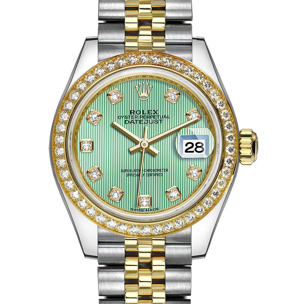 Rolex Lady-Datejust 28mm - Ref: 279383rbr-0013 - Mint Green Diamond Dial & Diamond Bezel, Two Tone Stainless Steel & 18K Yellow Gold Jubilee Bracelet Women's Watch