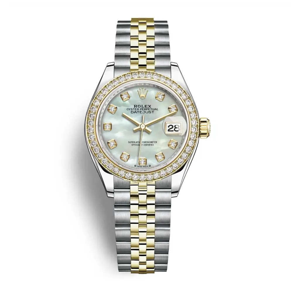 Rolex Lady-Datejust 28mm - Ref: 279383rbr-0019 - White Mother of Pearl Diamond Dial & Diamond Bezel, Two Tone Stainless Steel & 18K Yellow Gold Jubilee Bracelet Women's Watch
