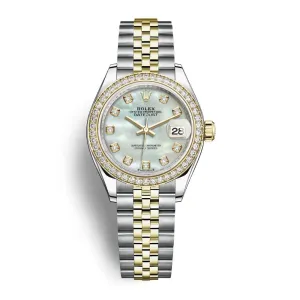 Rolex Lady-Datejust 28mm - Ref: 279383rbr-0019 - White Mother of Pearl Diamond Dial & Diamond Bezel, Two Tone Stainless Steel & 18K Yellow Gold Jubilee Bracelet Women's Watch