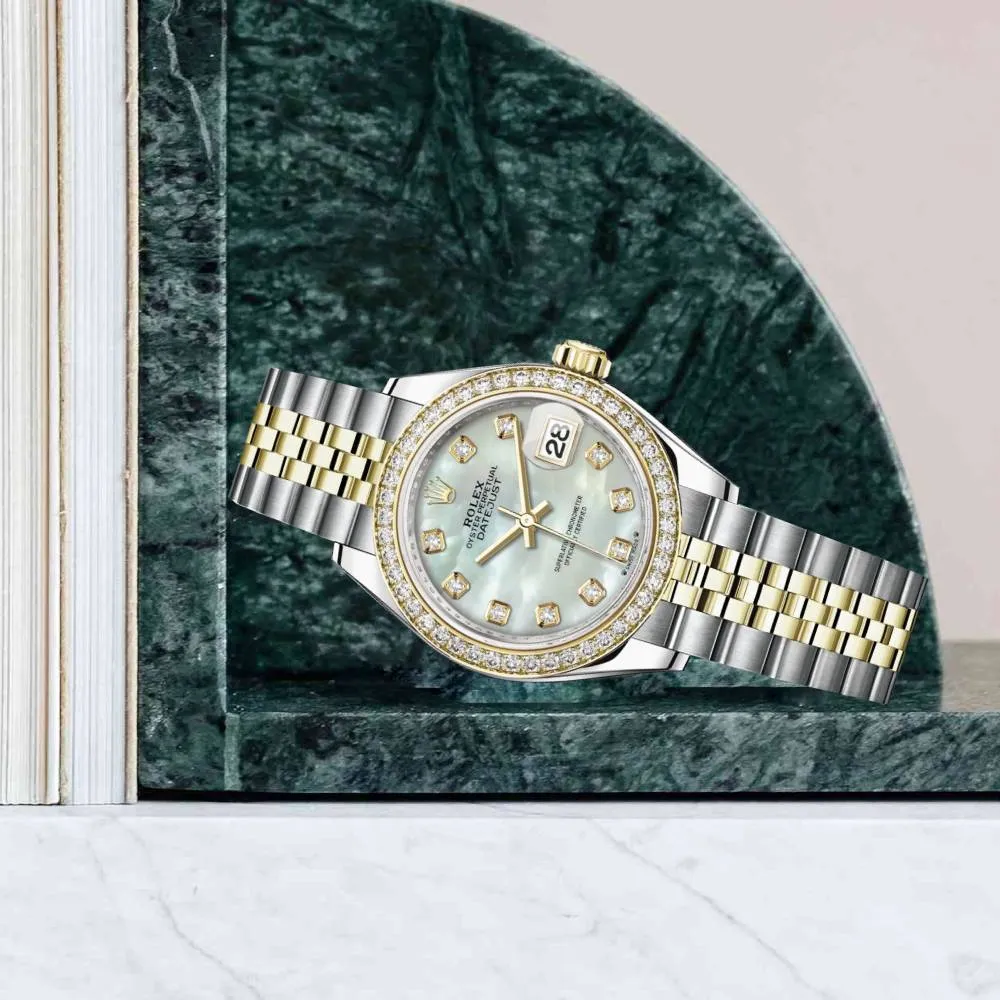 Rolex Lady-Datejust 28mm - Ref: 279383rbr-0019 - White Mother of Pearl Diamond Dial & Diamond Bezel, Two Tone Stainless Steel & 18K Yellow Gold Jubilee Bracelet Women's Watch