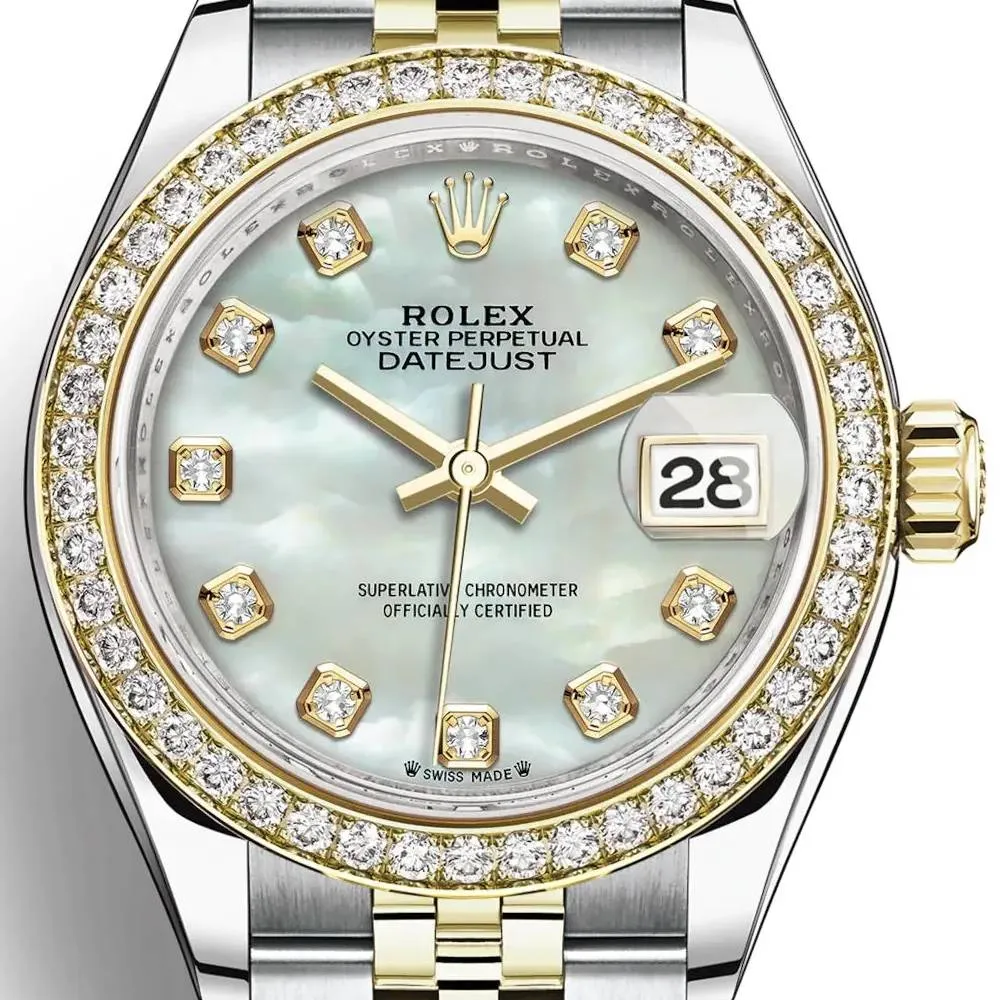 Rolex Lady-Datejust 28mm - Ref: 279383rbr-0019 - White Mother of Pearl Diamond Dial & Diamond Bezel, Two Tone Stainless Steel & 18K Yellow Gold Jubilee Bracelet Women's Watch