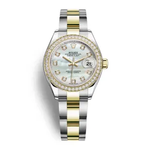 Rolex Lady-Datejust 28mm - Ref: 279383rbr-0020 - White Mother of Pearl Diamond Dial & Diamond Bezel, Two Tone Stainless Steel & 18K Yellow Gold Oyster Bracelet Women's Watch