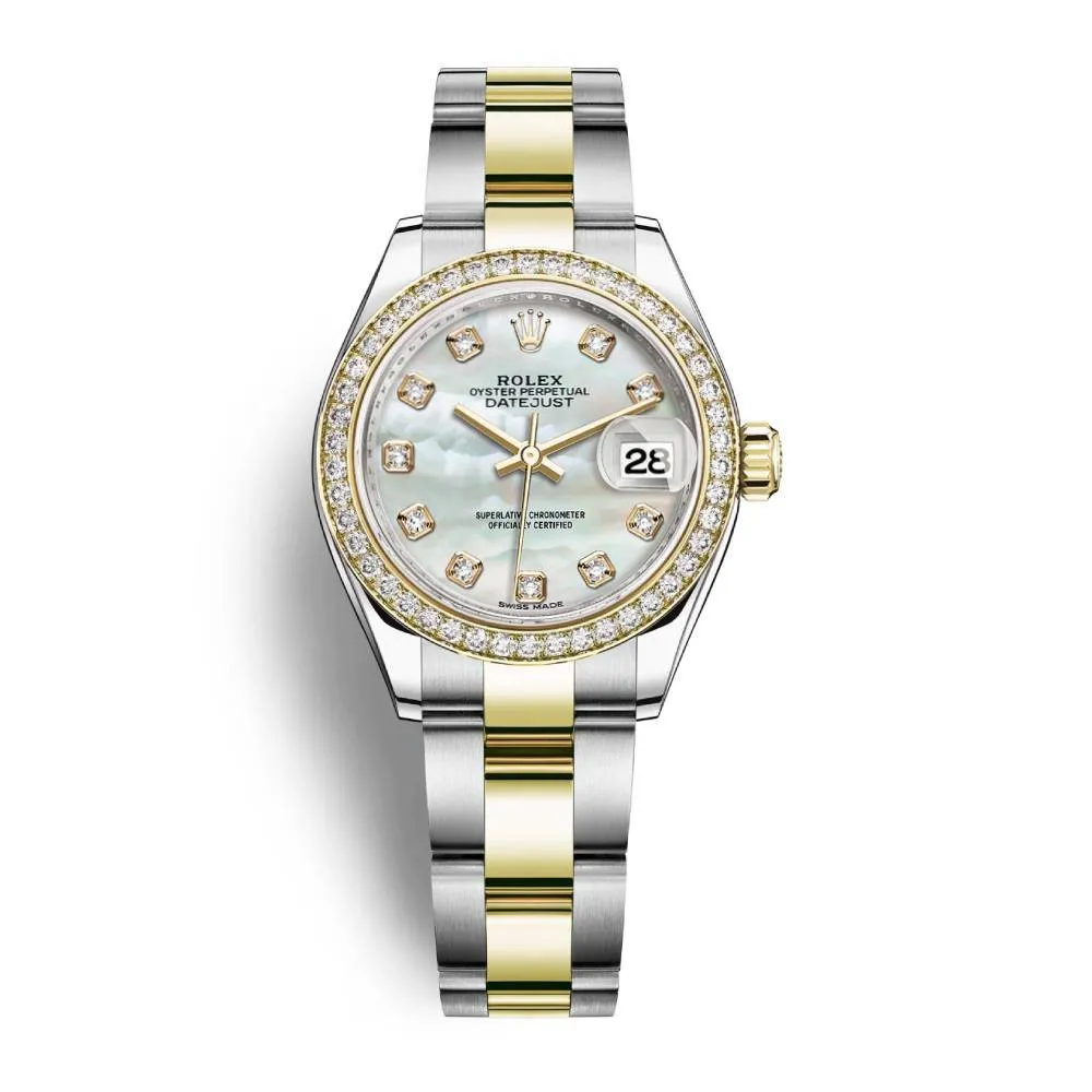 Rolex Lady-Datejust 28mm - Ref: 279383rbr-0020 - White Mother of Pearl Diamond Dial & Diamond Bezel, Two Tone Stainless Steel & 18K Yellow Gold Oyster Bracelet Women's Watch