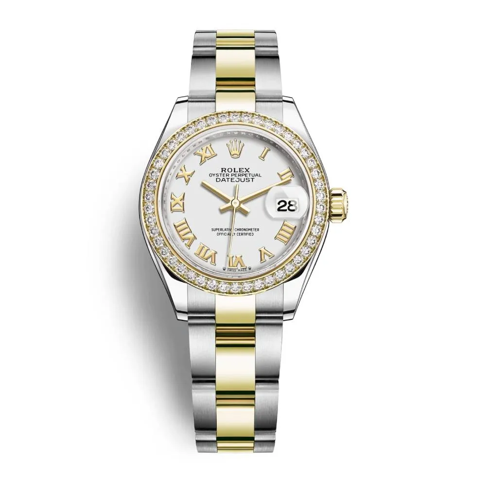 Rolex Lady-Datejust 28mm - Ref: 279383rbr-0024 - White Roman Dial & Diamond Bezel, Two Tone Stainless Steel & 18K Yellow Gold Oyster Bracelet Women's Watch