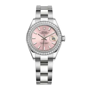 Rolex Lady-Datejust 28mm - Ref: 279384rbr-0002 - Pink Stick Dial & Diamond Bezel, Stainless Steel Oyster Bracelet Women's Watch