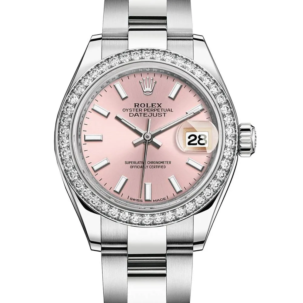 Rolex Lady-Datejust 28mm - Ref: 279384rbr-0002 - Pink Stick Dial & Diamond Bezel, Stainless Steel Oyster Bracelet Women's Watch