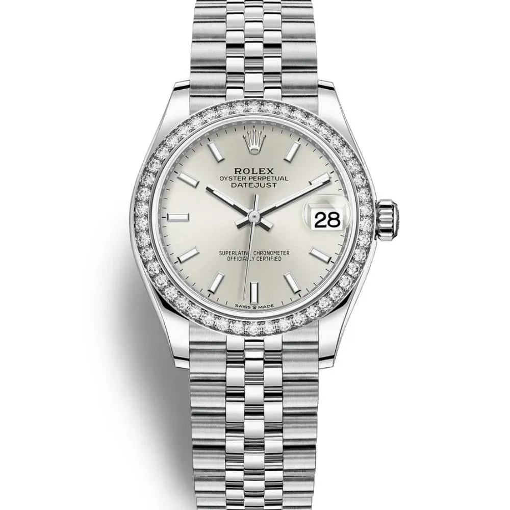 Rolex Lady-Datejust 28mm - Ref: 279384rbr-0007 - Silver Stick Dial & Diamond Bezel, Stainless Steel Jubilee Bracelet Women's Watch