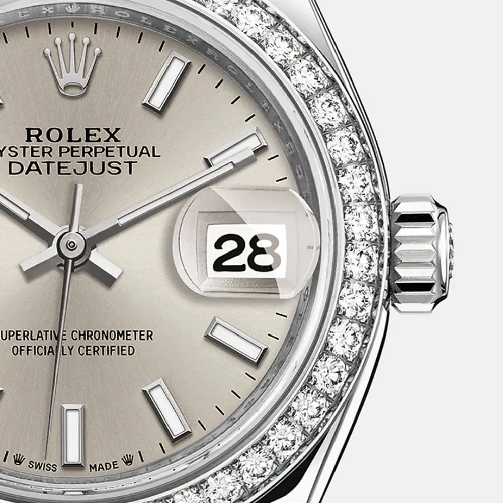 Rolex Lady-Datejust 28mm - Ref: 279384rbr-0007 - Silver Stick Dial & Diamond Bezel, Stainless Steel Jubilee Bracelet Women's Watch