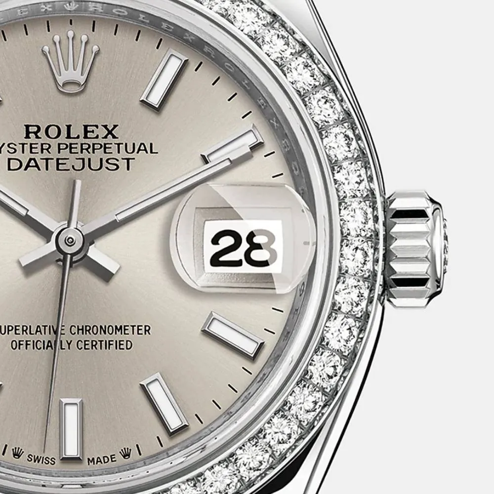 Rolex Lady-Datejust 28mm - Ref: 279384rbr-0008 - Silver Stick Dial & Diamond Bezel, Stainless Steel Oyster Bracelet Women's Watch