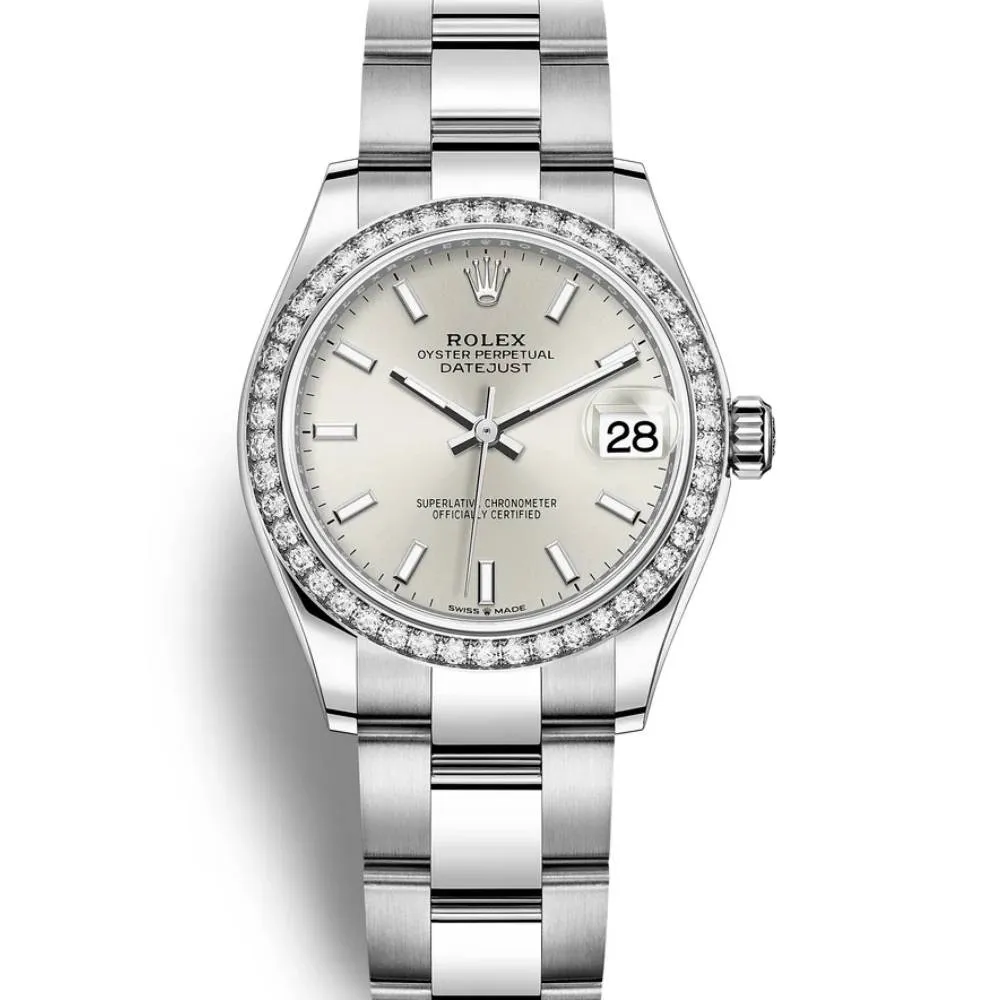 Rolex Lady-Datejust 28mm - Ref: 279384rbr-0008 - Silver Stick Dial & Diamond Bezel, Stainless Steel Oyster Bracelet Women's Watch
