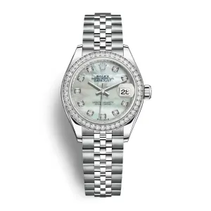 Rolex Lady-Datejust 28mm - Ref: 279384rbr-0011 - White Mother of Pearl Diamond Dial & Diamond Bezel, Stainless Steel Jubilee Bracelet Women's Watch