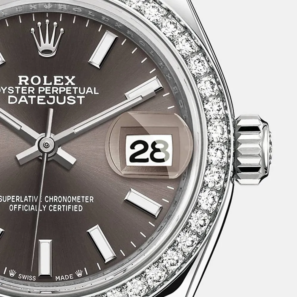 Rolex Lady-Datejust 28mm - Ref: 279384rbr-0014 - Dark Grey Stick Dial & Diamond Bezel, Stainless Steel Oyster Bracelet Women's Watch