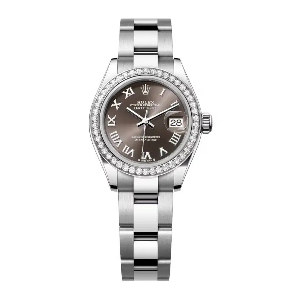 Rolex Lady-Datejust 28mm - Ref: 279384rbr-0016 - Dark Grey Roman Dial & Diamond Bezel, Stainless Steel Oyster Bracelet Women's Watch