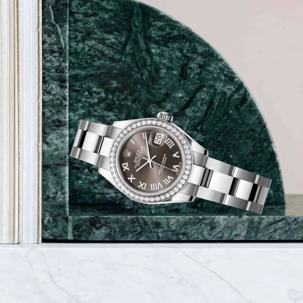 Rolex Lady-Datejust 28mm - Ref: 279384rbr-0016 - Dark Grey Roman Dial & Diamond Bezel, Stainless Steel Oyster Bracelet Women's Watch