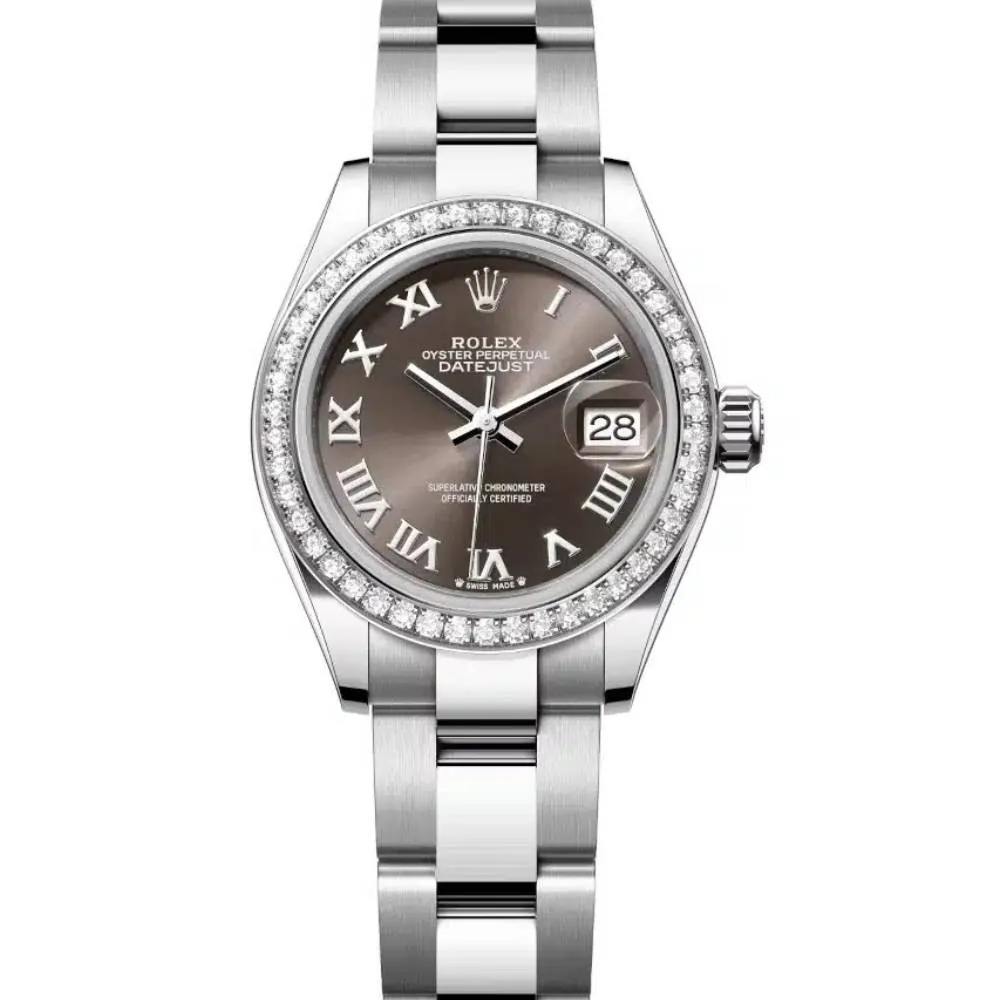 Rolex Lady-Datejust 28mm - Ref: 279384rbr-0016 - Dark Grey Roman Dial & Diamond Bezel, Stainless Steel Oyster Bracelet Women's Watch