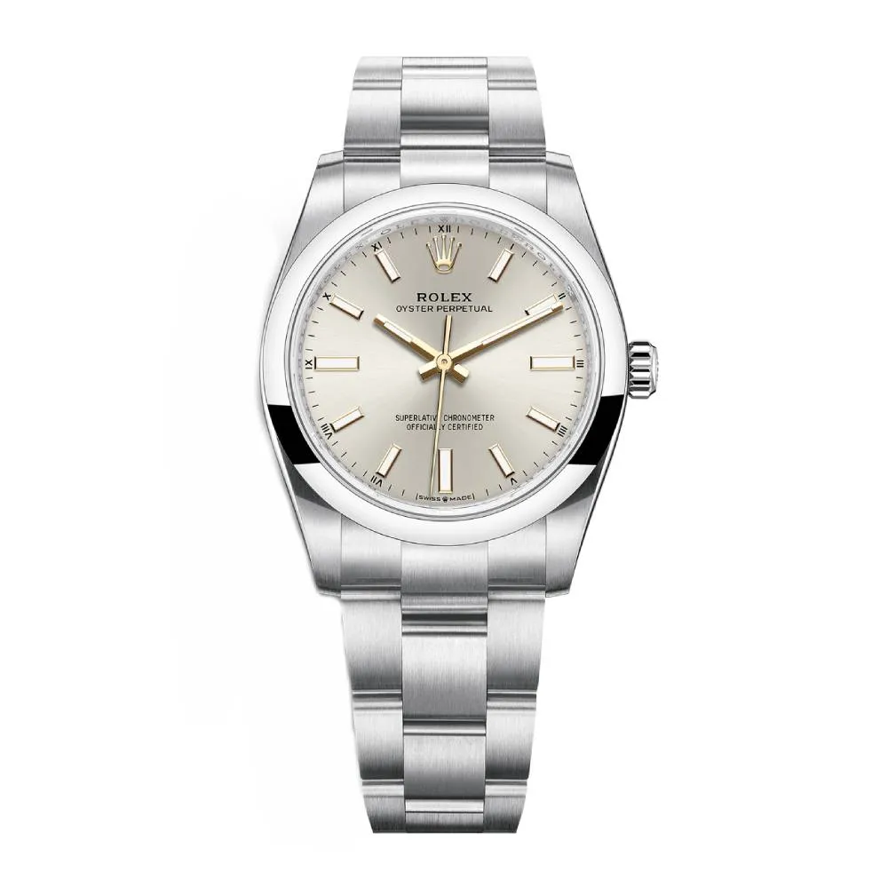 Rolex Oyster Perpetual 34mm - Ref: 124200-0001 - Silver Stick Dial, Stainless Steel Oyster Bracelet Watch