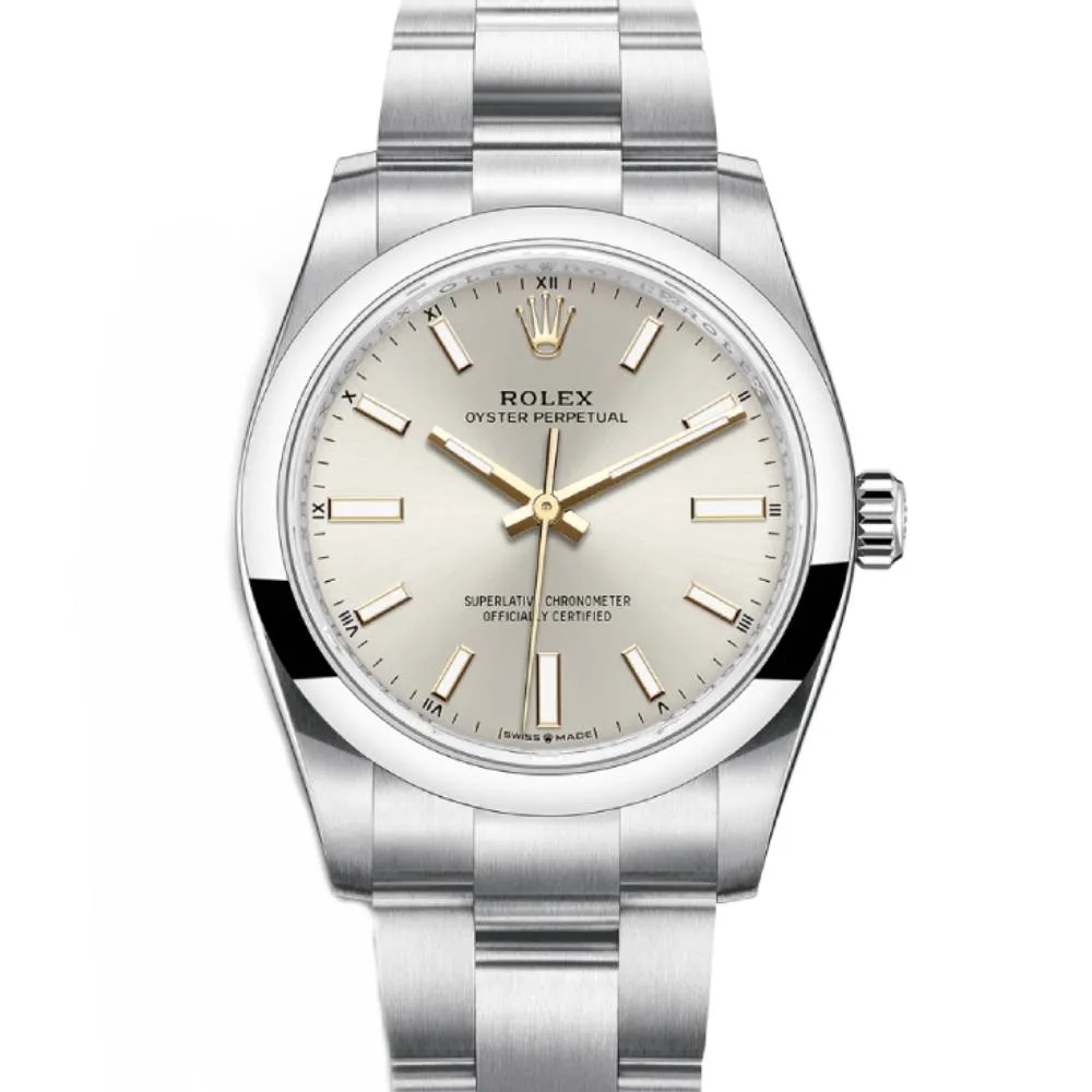 Rolex Oyster Perpetual 34mm - Ref: 124200-0001 - Silver Stick Dial, Stainless Steel Oyster Bracelet Watch