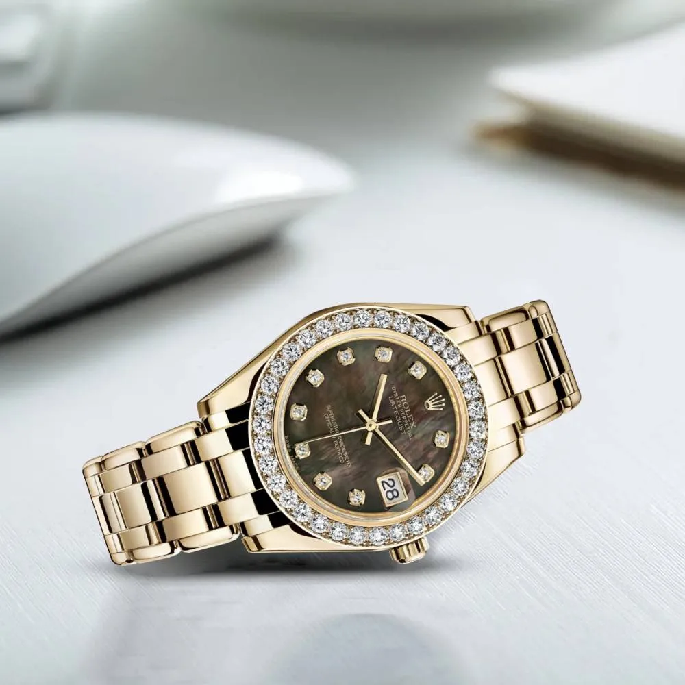 Rolex Pearlmaster 34mm - Ref: 81298-0013 - Black Mother of Pearl Diamond Dial & Diamond Bezel, 18K Yellow Gold Bracelet Women's Watch