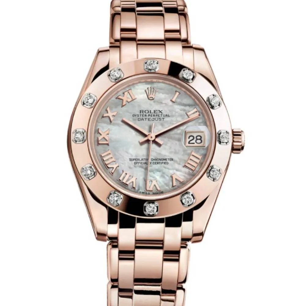 Rolex Pearlmaster 34mm - Ref: 81315-0002 - White mother of Pearl Roman Diamond Dial & Diamond Bezel, 18K Rose Gold Bracelet Women's Watch