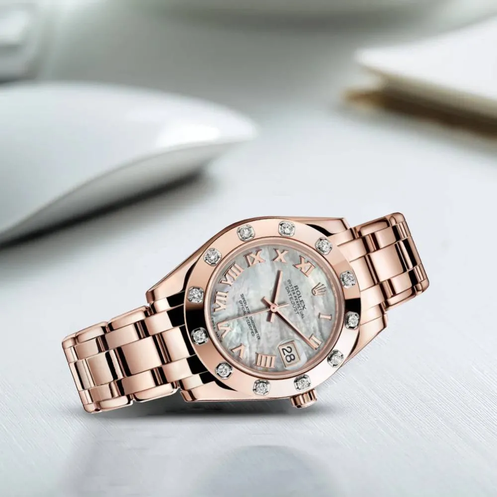 Rolex Pearlmaster 34mm - Ref: 81315-0002 - White mother of Pearl Roman Diamond Dial & Diamond Bezel, 18K Rose Gold Bracelet Women's Watch