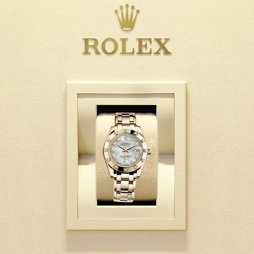 Rolex Pearlmaster 34mm - Ref: 81318-0005 - White mother of Pearl Roman Dial & Diamond Bezel, 18K Yellow Gold Bracelet Women's Watch