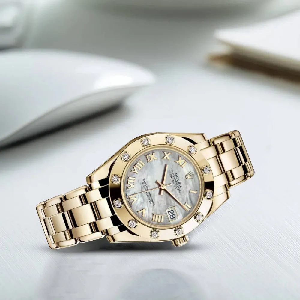 Rolex Pearlmaster 34mm - Ref: 81318-0005 - White mother of Pearl Roman Dial & Diamond Bezel, 18K Yellow Gold Bracelet Women's Watch