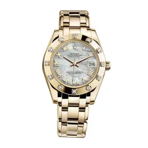 Rolex Pearlmaster 34mm - Ref: 81318-0005 - White mother of Pearl Roman Dial & Diamond Bezel, 18K Yellow Gold Bracelet Women's Watch