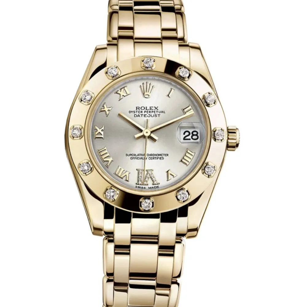 Rolex Pearlmaster 34mm - Ref: 81318-0036 - Silver Roman Diamond Dial & Diamond Bezel, 18K Yellow Gold Bracelet Women's Watch