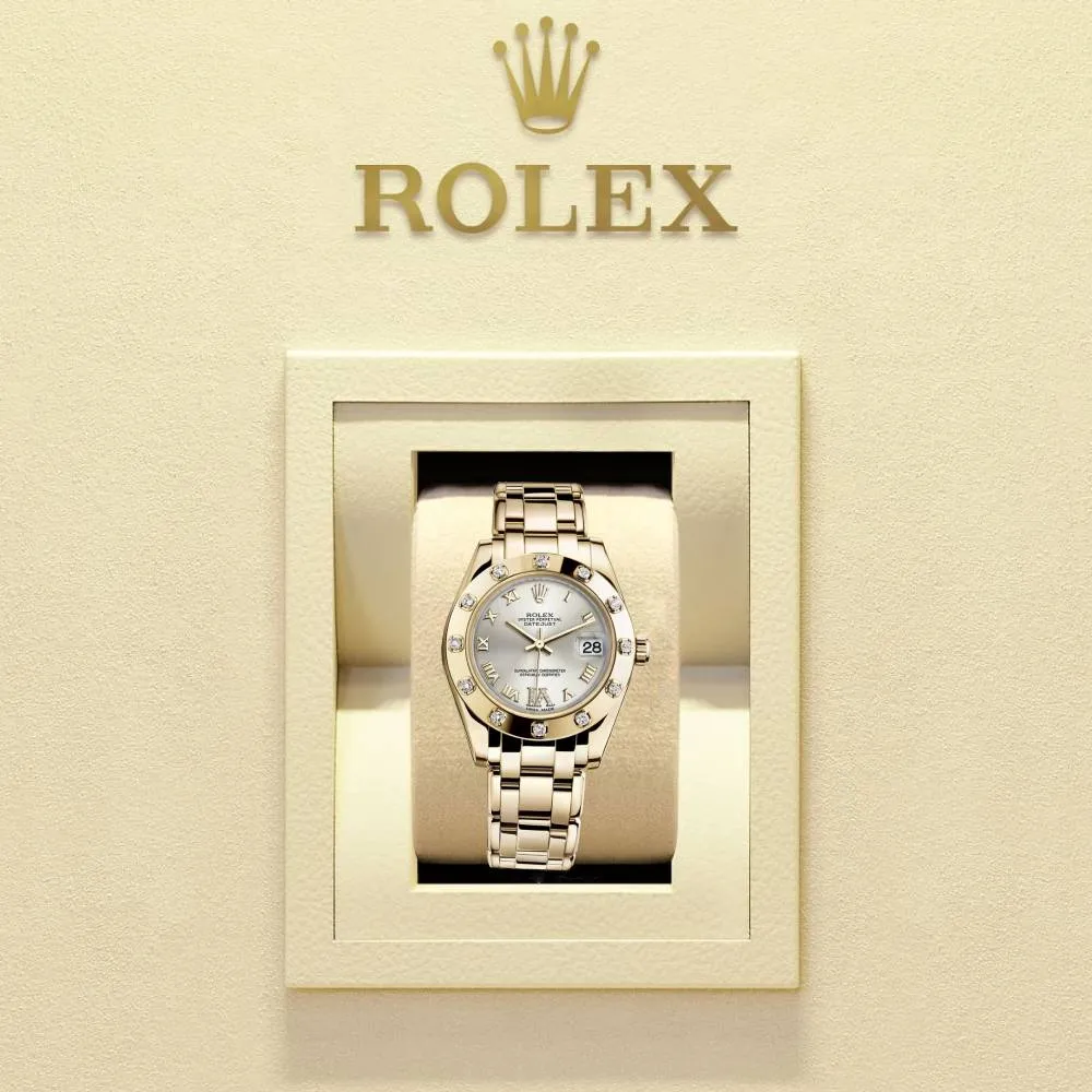 Rolex Pearlmaster 34mm - Ref: 81318-0036 - Silver Roman Diamond Dial & Diamond Bezel, 18K Yellow Gold Bracelet Women's Watch