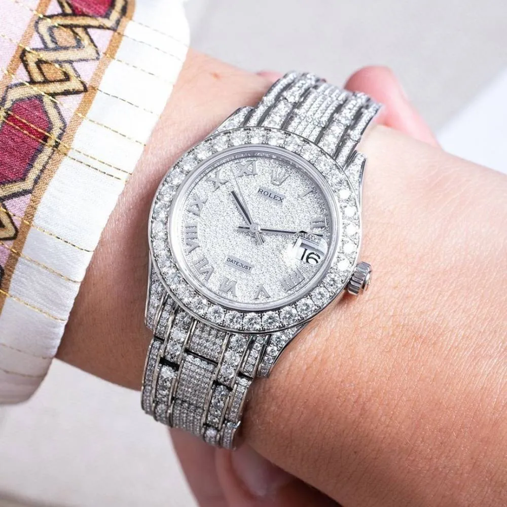Rolex Pearlmaster 34mm - Ref: 81409rbr-0001 - Pave Roman Diamond Dial, Diamond Bezel & Diamond Case, 18K White Gold Diamond Bracelet Women's Watch