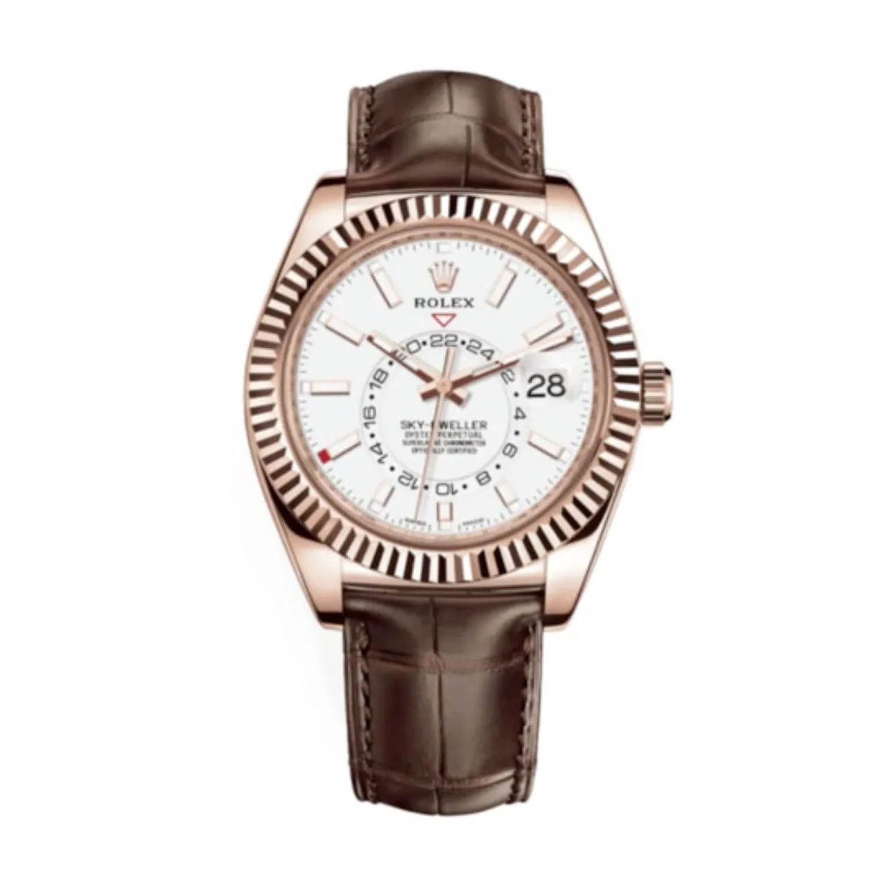Rolex Sky-Dweller 42mm - Ref: 326135-0006 - Intense White Stick Dial, 18K Rose Gold & Brown Leather Strap Watch