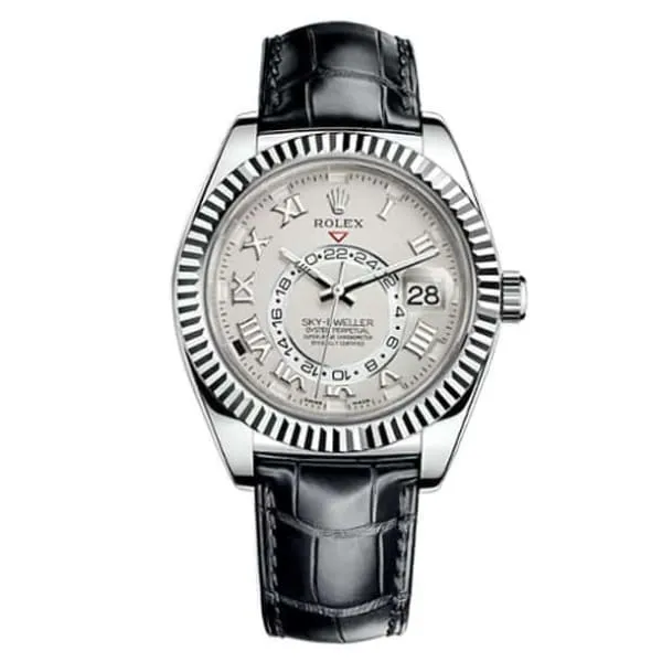 Rolex Sky-Dweller 42mm - Ref: 326139BL - Ivory Roman Dial, 18K White Gold & Black Leather Strap Watch