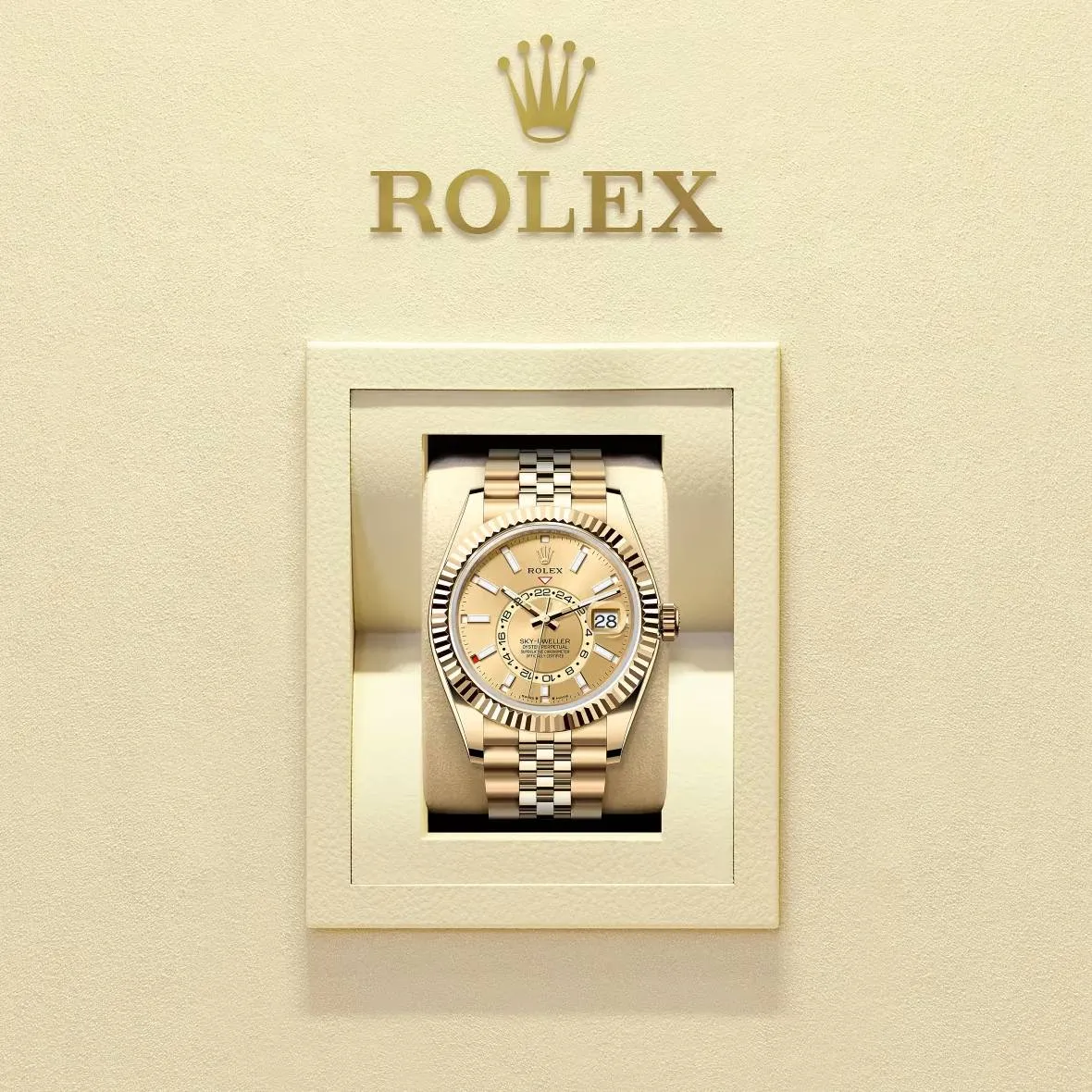Rolex Sky-Dweller 42mm - Ref: 336938-0004 - Champagne Stick Dial, 18K Yellow Gold Jubilee Bracelet Watch