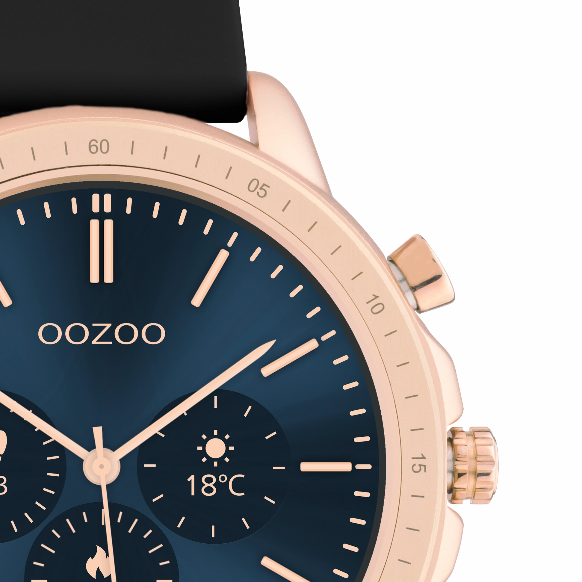 Rose gold coloured OOZOO smartwatch with black rubber strap - Q00303