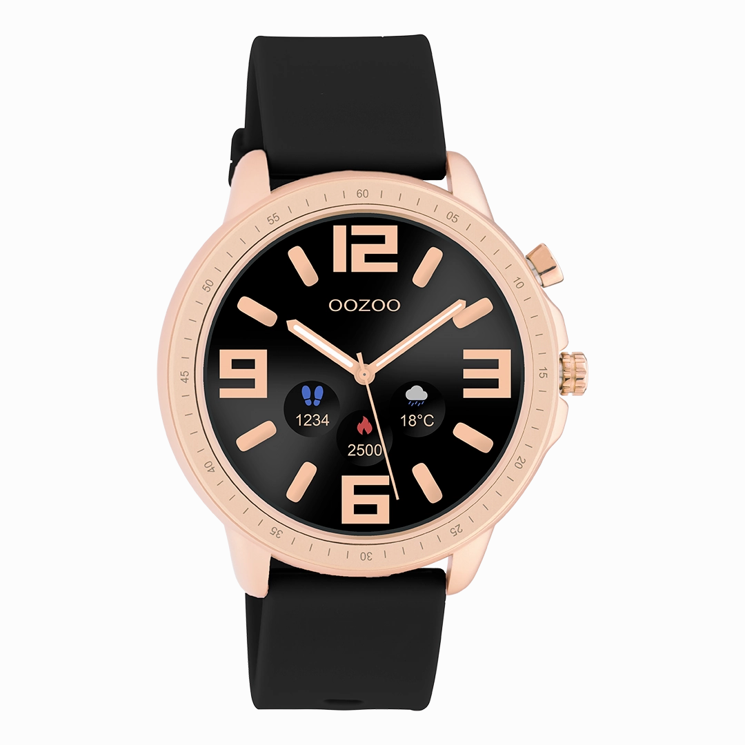Rose gold coloured OOZOO smartwatch with black rubber strap - Q00303