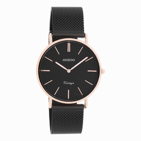 Rose gold coloured OOZOO watch with black metal mesh bracelet - C8870