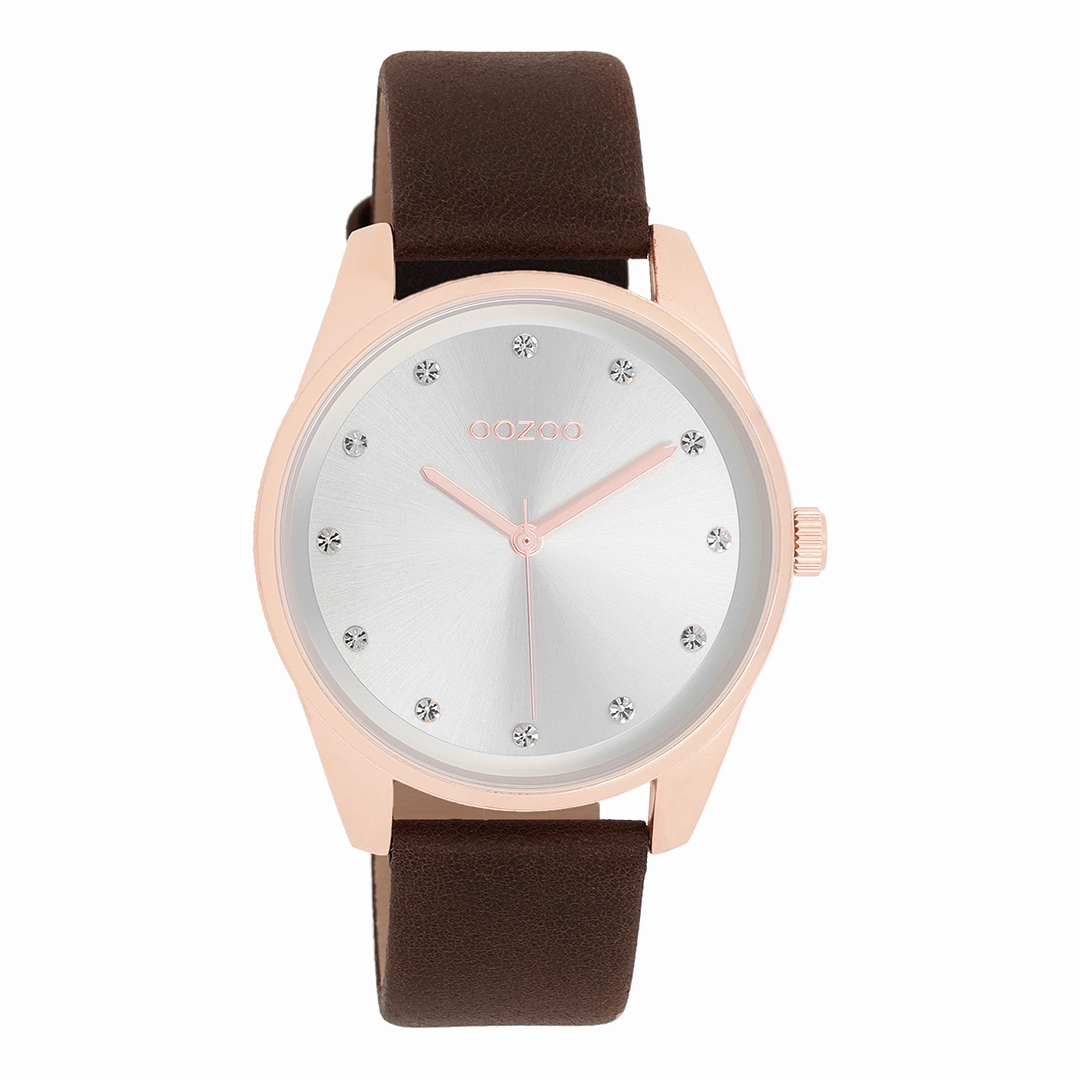 Rose gold coloured OOZOO watch with brown leather strap - C11048