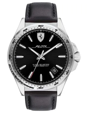 Scuderia Ferrari Pilota Mens Watch - Stainless Steel- Date - Black Leather Strap