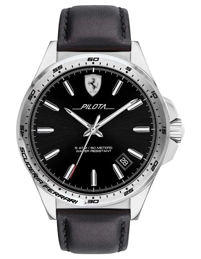 Scuderia Ferrari Pilota Mens Watch - Stainless Steel- Date - Black Leather Strap