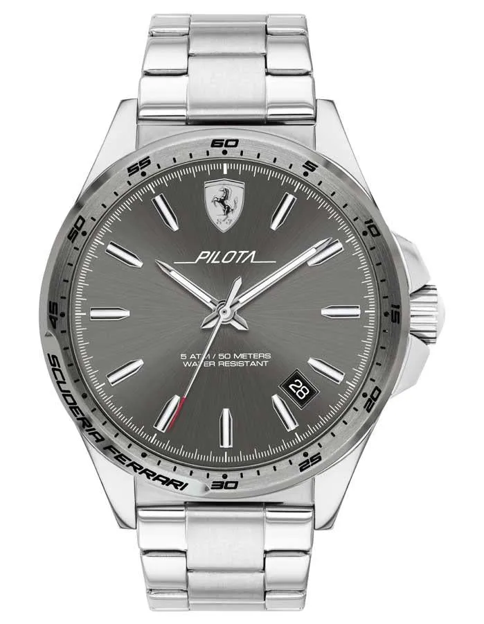 Scuderia Ferrari Pilota Mens Watch - Stainless Steel- Grey Dial -Date - Bracelet
