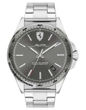 Scuderia Ferrari Pilota Mens Watch - Stainless Steel- Grey Dial -Date - Bracelet