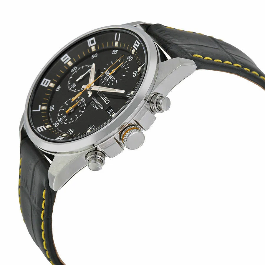 Seiko Black Dial Black Leather Strap Chronograph Mens Watch