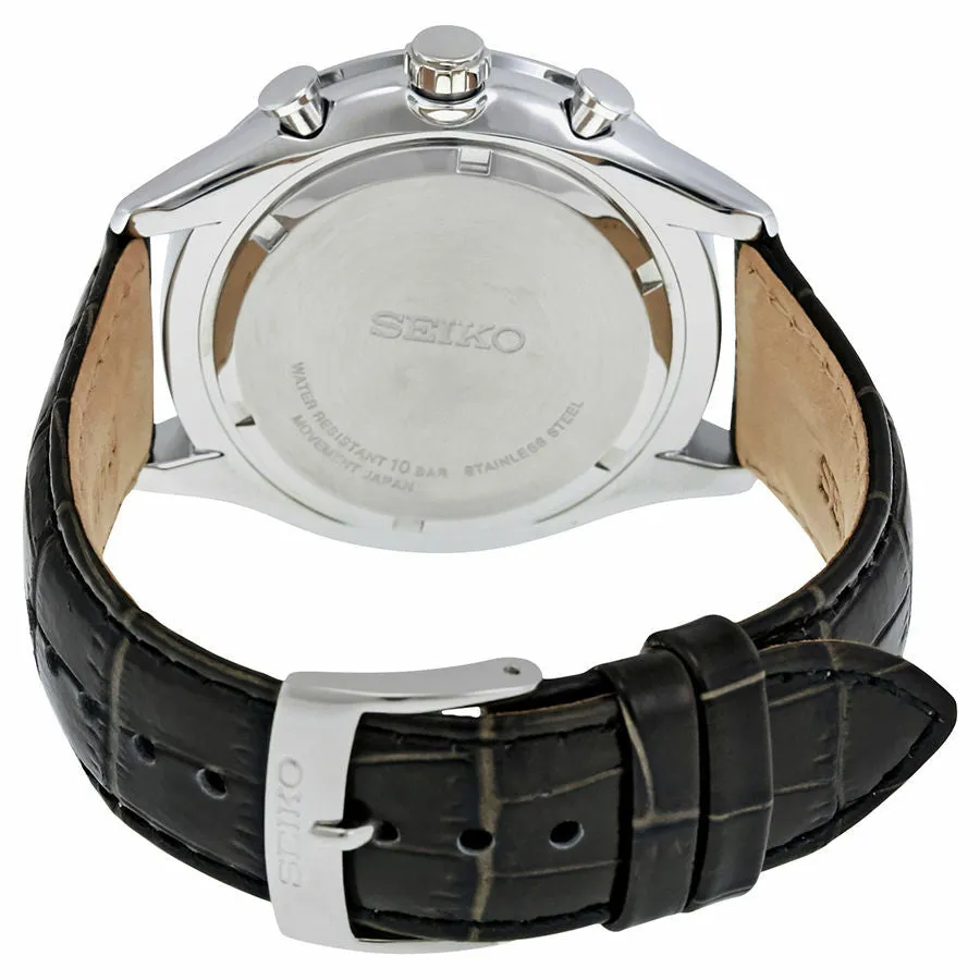 Seiko Black Dial Chronograph Black Leather Mens Watch