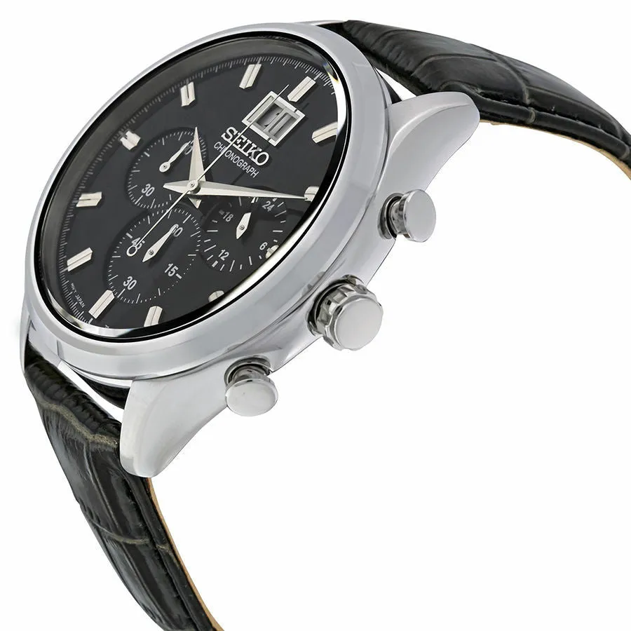 Seiko Black Dial Chronograph Black Leather Mens Watch